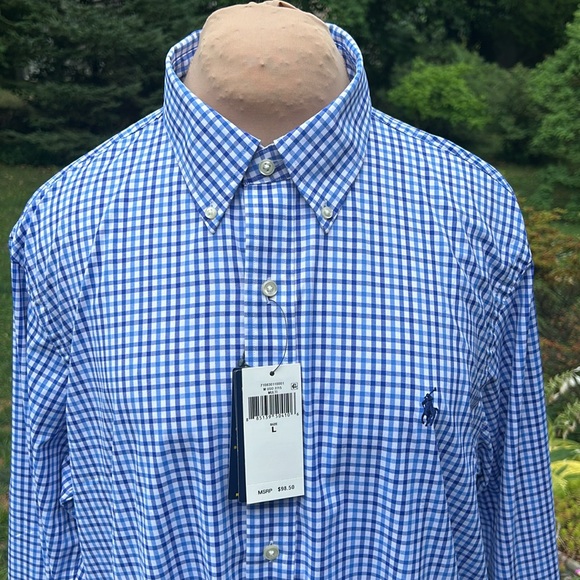 Ralph Lauren performance shirt blue check shirt SZ L US OPEN ON CUFF - Picture 3 of 11